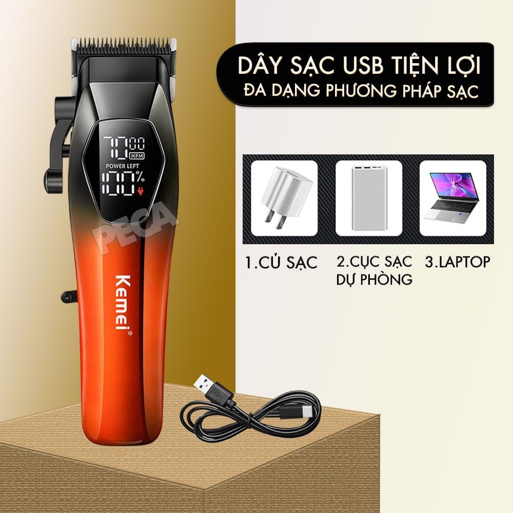 Tông đơ cắt tóc chuyên nghiệp Kemei KM-1371 công suất mạnh 5W lưỡi mạ ceramic cao cấp, màn hình LCD sạc nhanh USB type C tiện lợi - Chính hãng