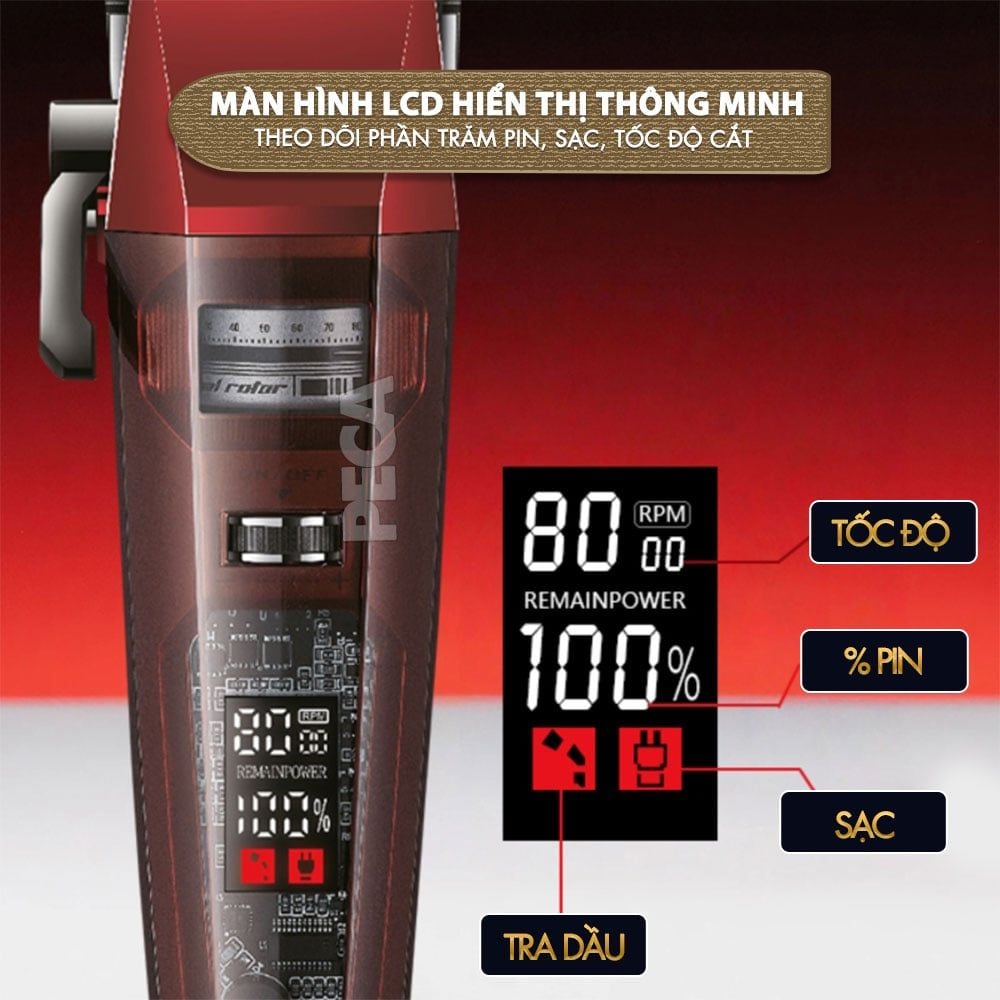Tông đơ cắt tóc chuyên nghiệp Kemei KM-1382 công suất mạnh 8W, lưỡi cắt mạ carbon DLC, 21 tốc độ, động cơ không chổi than - Chính hãng