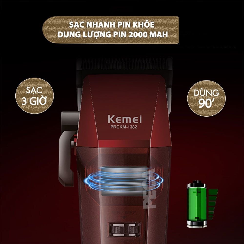 Tông đơ cắt tóc chuyên nghiệp Kemei KM-1382 công suất mạnh 8W, lưỡi cắt mạ carbon DLC, 21 tốc độ, động cơ không chổi than - Chính hãng