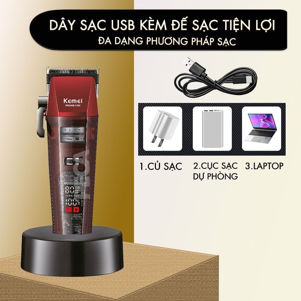 Tông đơ cắt tóc chuyên nghiệp Kemei KM-1382 công suất mạnh 8W, lưỡi cắt mạ carbon DLC, 21 tốc độ, động cơ không chổi than - Chính hãng