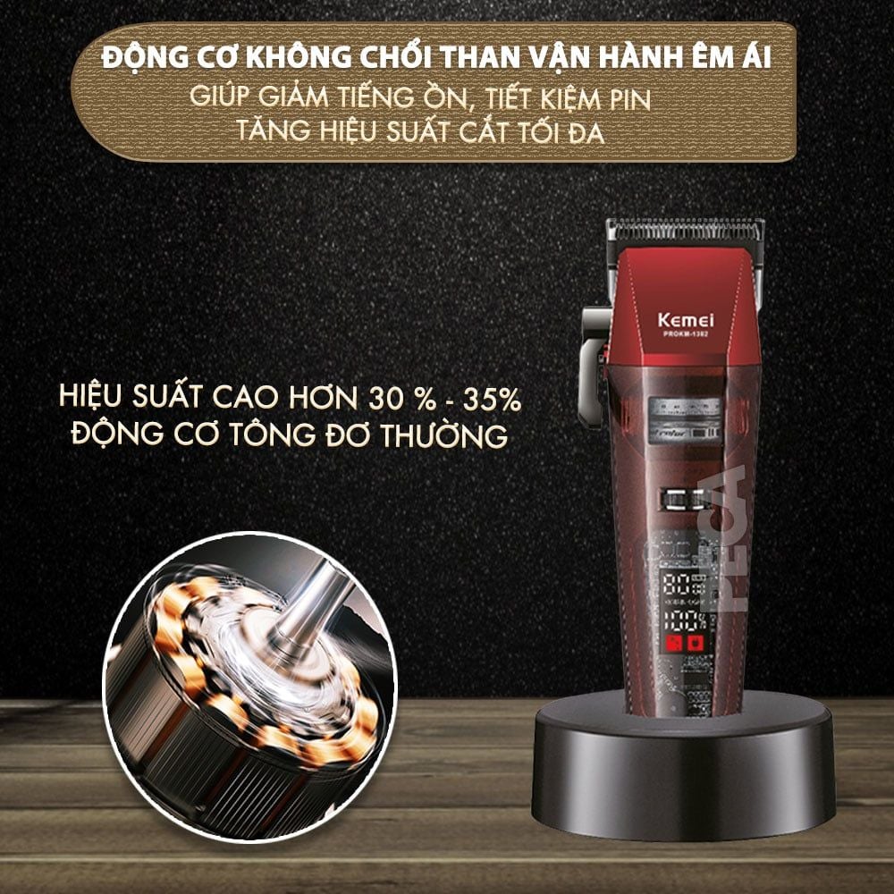 Tông đơ cắt tóc chuyên nghiệp Kemei KM-1382 công suất mạnh 8W, lưỡi cắt mạ carbon DLC, 21 tốc độ, động cơ không chổi than - Chính hãng