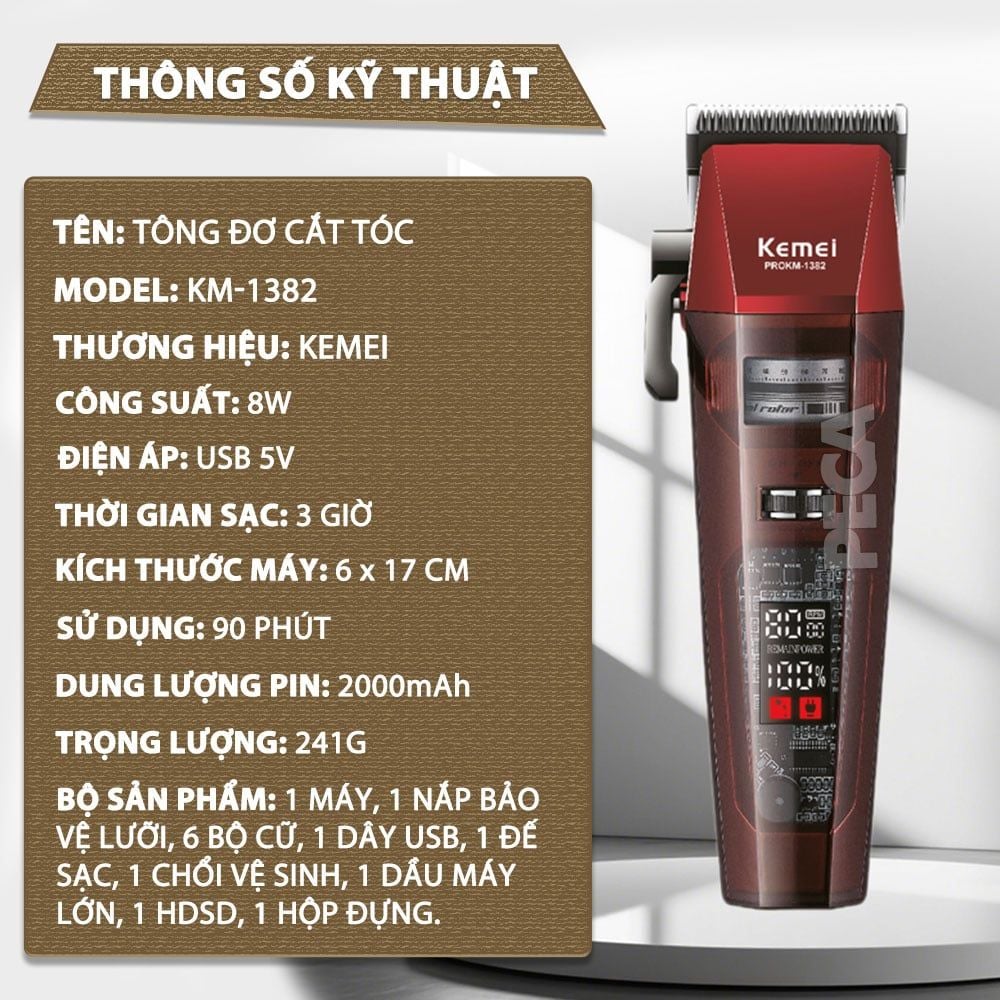 Tông đơ cắt tóc chuyên nghiệp Kemei KM-1382 công suất mạnh 8W, lưỡi cắt mạ carbon DLC, 21 tốc độ, động cơ không chổi than - Chính hãng