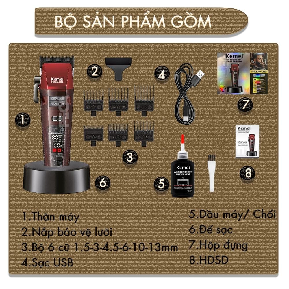 Tông đơ cắt tóc chuyên nghiệp Kemei KM-1382 công suất mạnh 8W, lưỡi cắt mạ carbon DLC, 21 tốc độ, động cơ không chổi than - Chính hãng