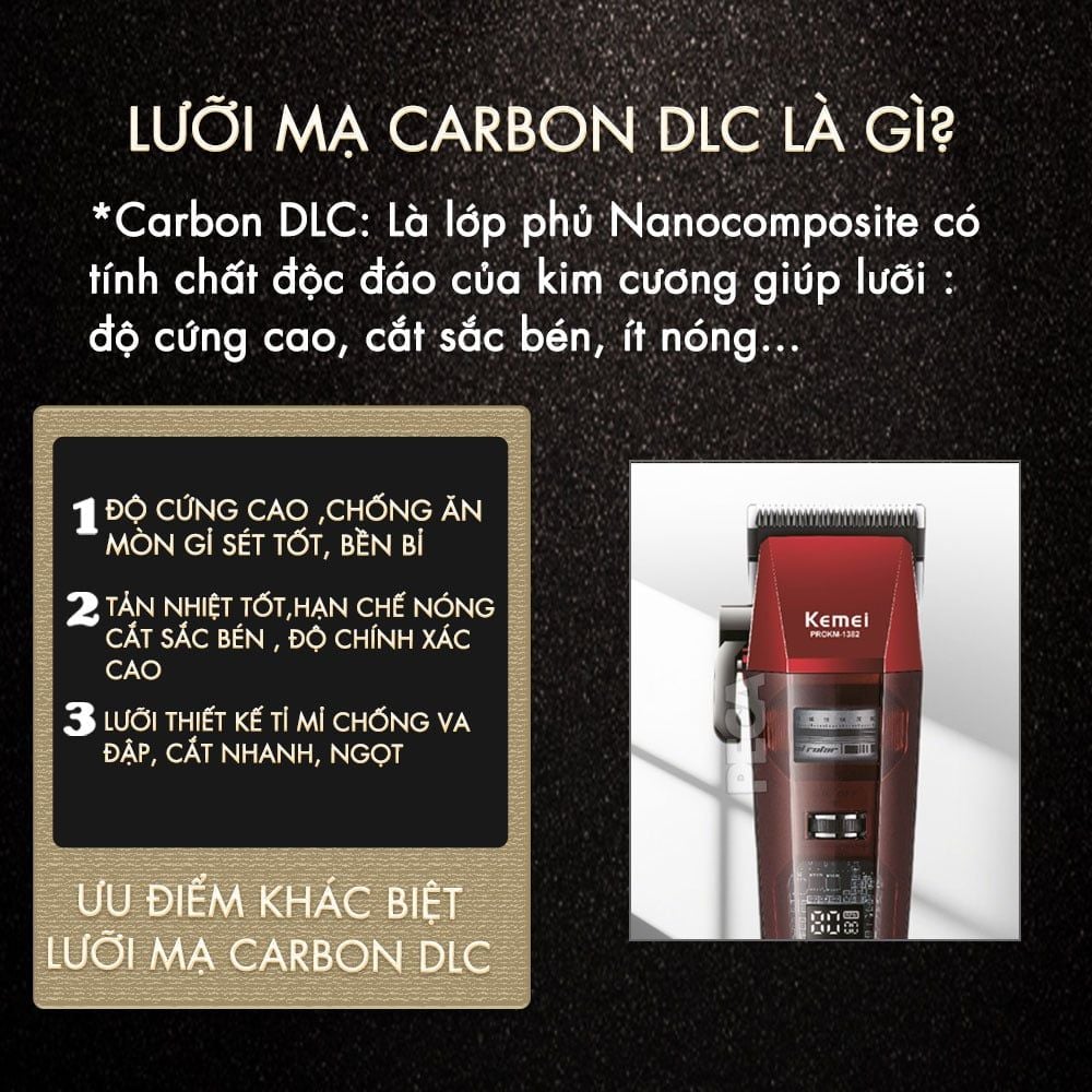 Tông đơ cắt tóc chuyên nghiệp Kemei KM-1382 công suất mạnh 8W, lưỡi cắt mạ carbon DLC, 21 tốc độ, động cơ không chổi than - Chính hãng