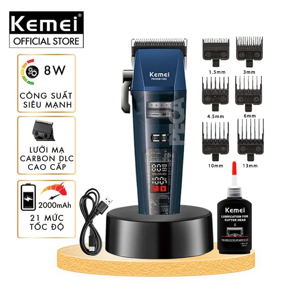 Tông đơ cắt tóc chuyên nghiệp Kemei KM-1382 công suất mạnh 8W, lưỡi cắt mạ carbon DLC, 21 tốc độ, động cơ không chổi than - Chính hãng