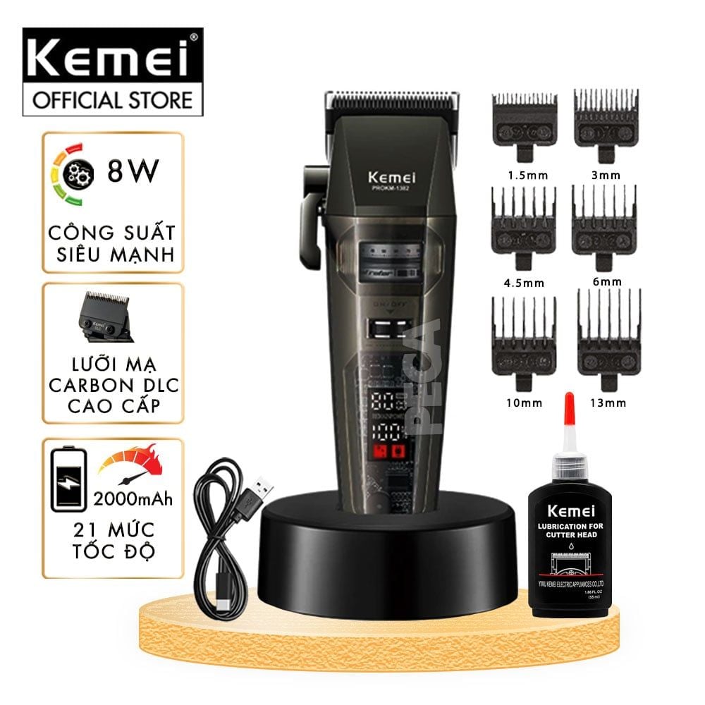 Tông đơ cắt tóc chuyên nghiệp Kemei KM-1382 công suất mạnh 8W, lưỡi cắt mạ carbon DLC, 21 tốc độ, động cơ không chổi than - Chính hãng