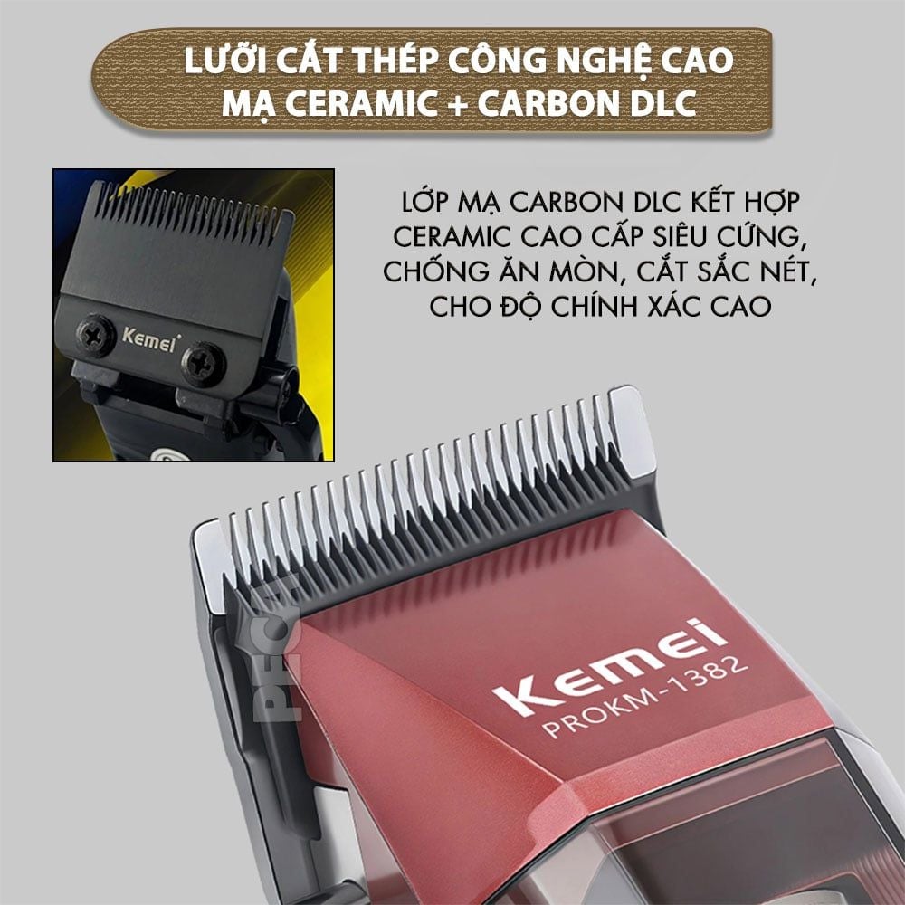 Tông đơ cắt tóc chuyên nghiệp Kemei KM-1382 công suất mạnh 8W, lưỡi cắt mạ carbon DLC, 21 tốc độ, động cơ không chổi than - Chính hãng