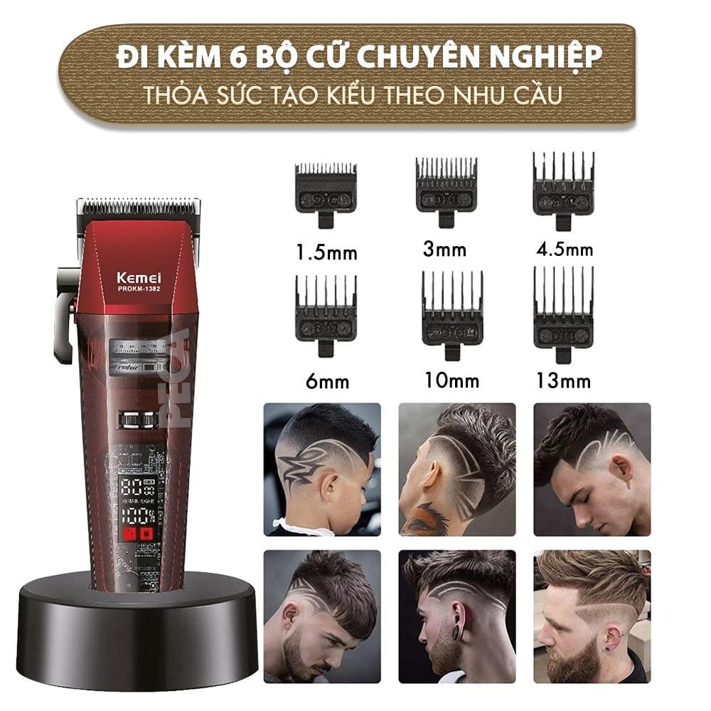 Tông đơ cắt tóc chuyên nghiệp Kemei KM-1382 công suất mạnh 8W, lưỡi cắt mạ carbon DLC, 21 tốc độ, động cơ không chổi than - Chính hãng
