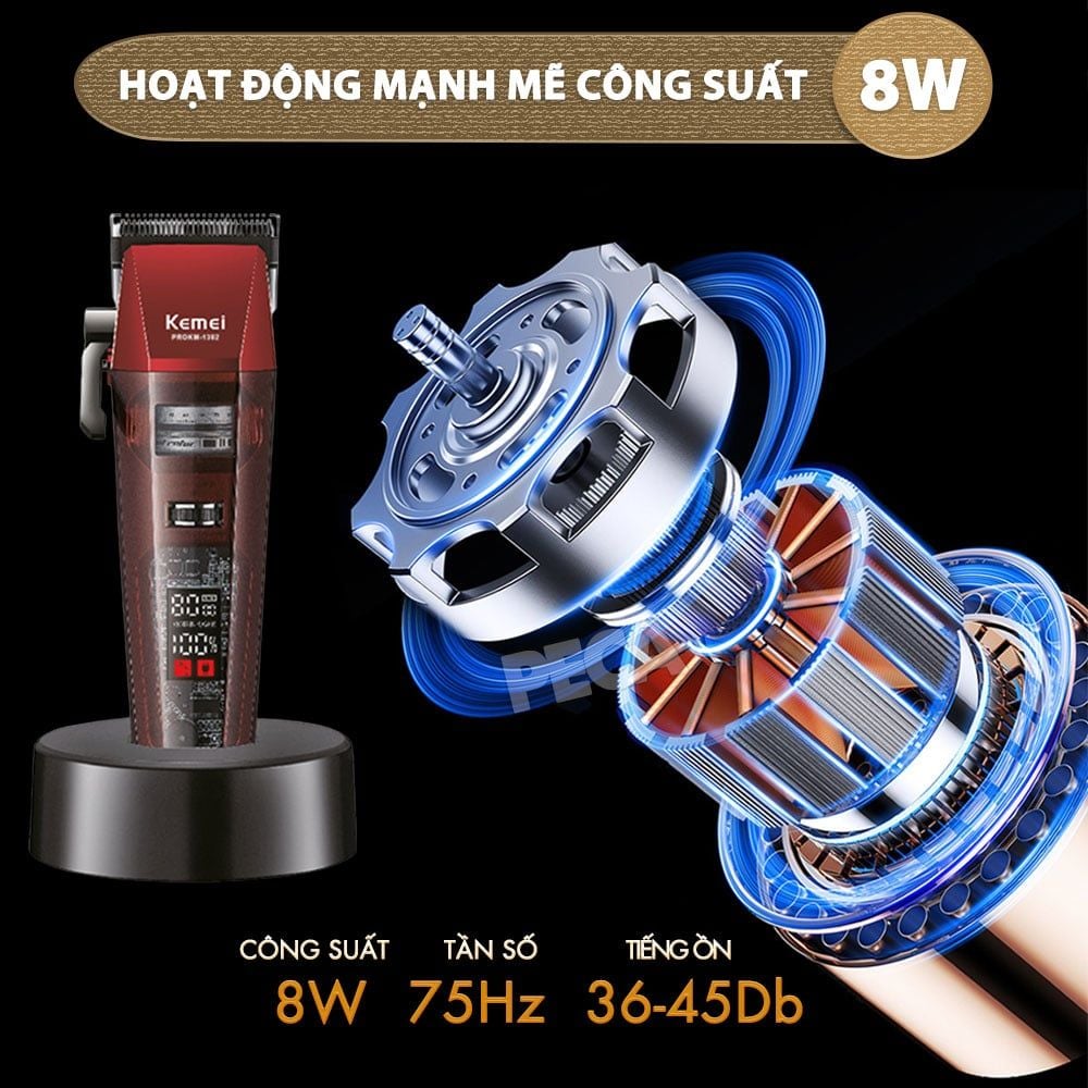Tông đơ cắt tóc chuyên nghiệp Kemei KM-1382 công suất mạnh 8W, lưỡi cắt mạ carbon DLC, 21 tốc độ, động cơ không chổi than - Chính hãng
