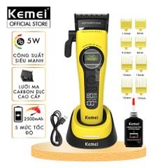 Tông đơ cắt tóc chuyên nghiệp Kemei KM-1593 công suất mạnh 5W, lưỡi cắt mạ carbon DLC, 5 tốc độ, động cơ không chổi than - Chính hãng