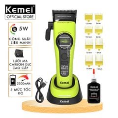 Tông đơ cắt tóc chuyên nghiệp Kemei KM-1593 công suất mạnh 5W, lưỡi cắt mạ carbon DLC, 5 tốc độ, động cơ không chổi than - Chính hãng