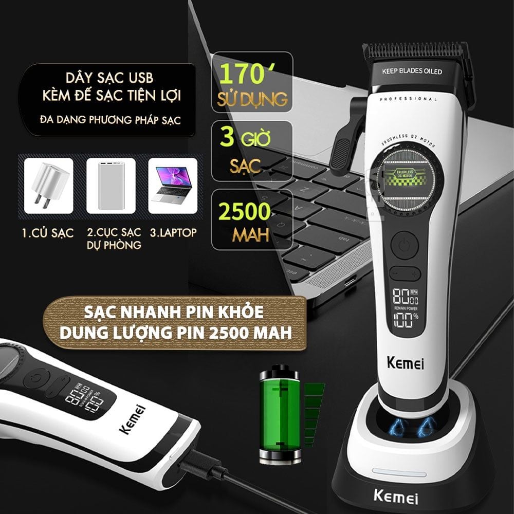 Tông đơ cắt tóc chuyên nghiệp Kemei KM-1593 công suất mạnh 5W, lưỡi cắt mạ carbon DLC, 5 tốc độ, động cơ không chổi than - Chính hãng