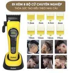 Tông đơ cắt tóc chuyên nghiệp Kemei KM-1593 công suất mạnh 5W, lưỡi cắt mạ carbon DLC, 5 tốc độ, động cơ không chổi than - Chính hãng