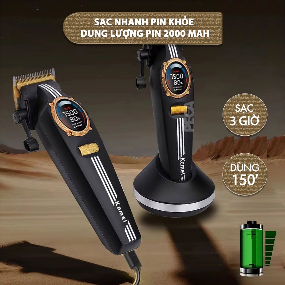 Tông đơ cắt tóc chuyên nghiệp Kemei KM-1962 công suất mạnh 8W, lưỡi cắt mạ carbon DLC, 5 tốc độ, động cơ không chổi than - Chính hãng