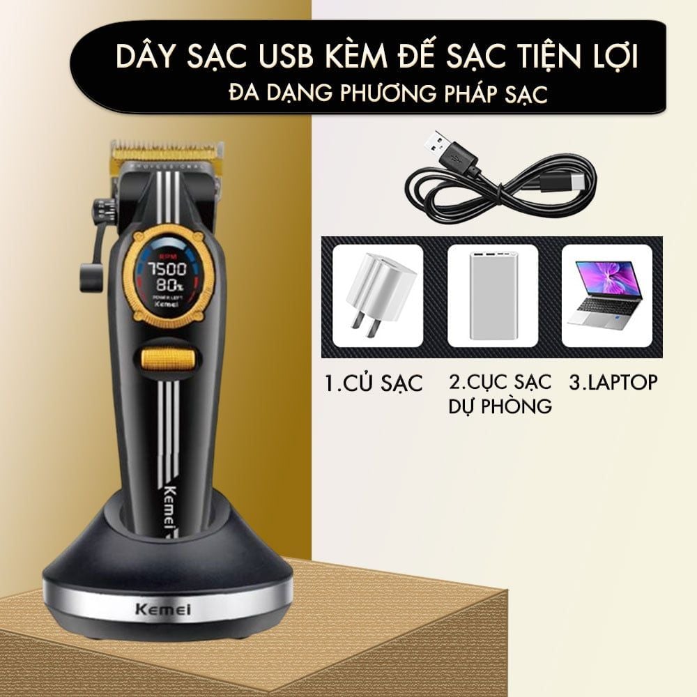 Tông đơ cắt tóc chuyên nghiệp Kemei KM-1962 công suất mạnh 8W, lưỡi cắt mạ carbon DLC, 5 tốc độ, động cơ không chổi than - Chính hãng