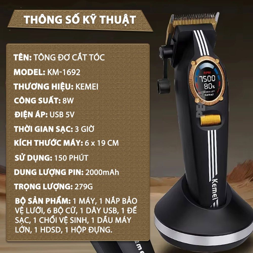 Tông đơ cắt tóc chuyên nghiệp Kemei KM-1962 công suất mạnh 8W, lưỡi cắt mạ carbon DLC, 5 tốc độ, động cơ không chổi than - Chính hãng