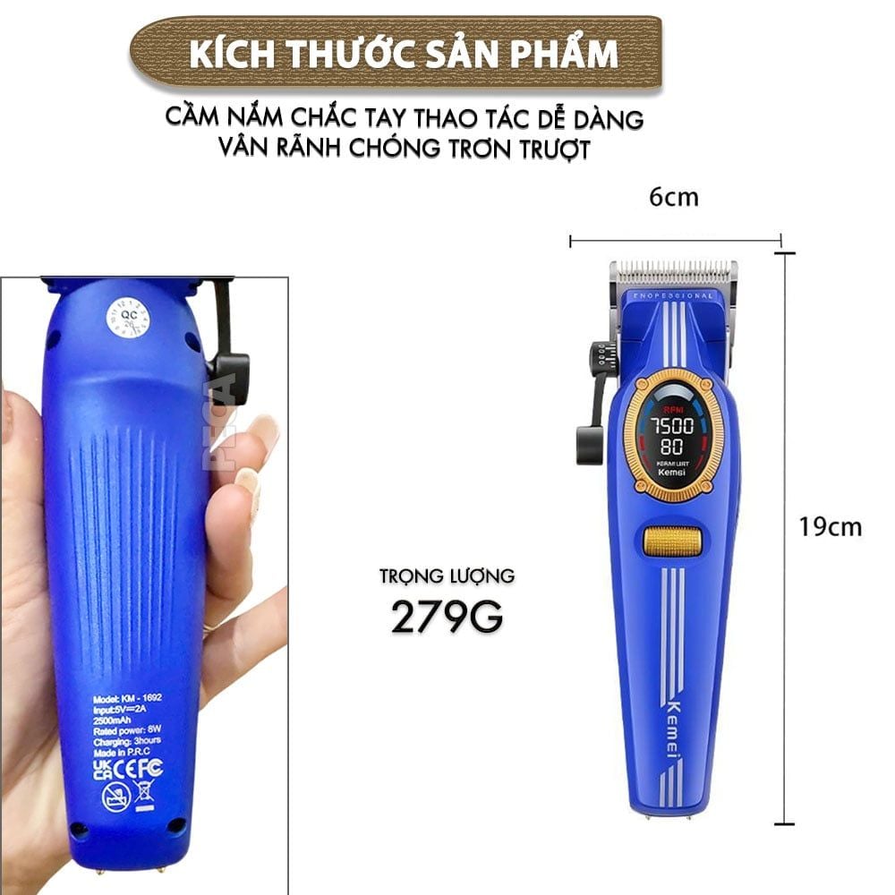 Tông đơ cắt tóc chuyên nghiệp Kemei KM-1962 công suất mạnh 8W, lưỡi cắt mạ carbon DLC, 5 tốc độ, động cơ không chổi than - Chính hãng