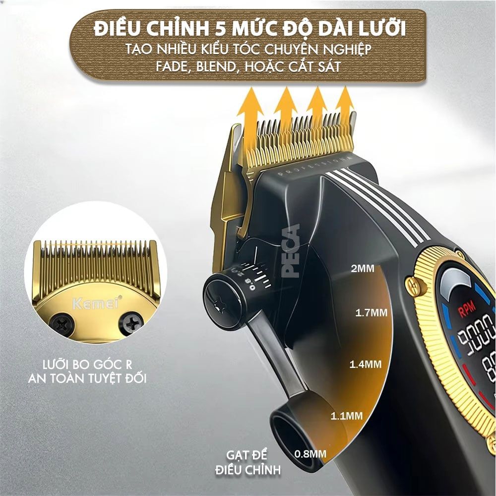 Tông đơ cắt tóc chuyên nghiệp Kemei KM-1962 công suất mạnh 8W, lưỡi cắt mạ carbon DLC, 5 tốc độ, động cơ không chổi than - Chính hãng