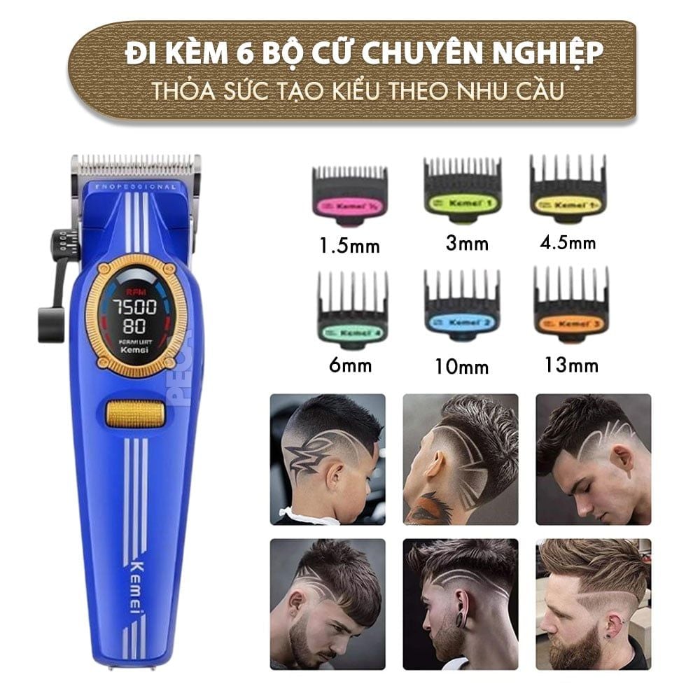 Tông đơ cắt tóc chuyên nghiệp Kemei KM-1962 công suất mạnh 8W, lưỡi cắt mạ carbon DLC, 5 tốc độ, động cơ không chổi than - Chính hãng