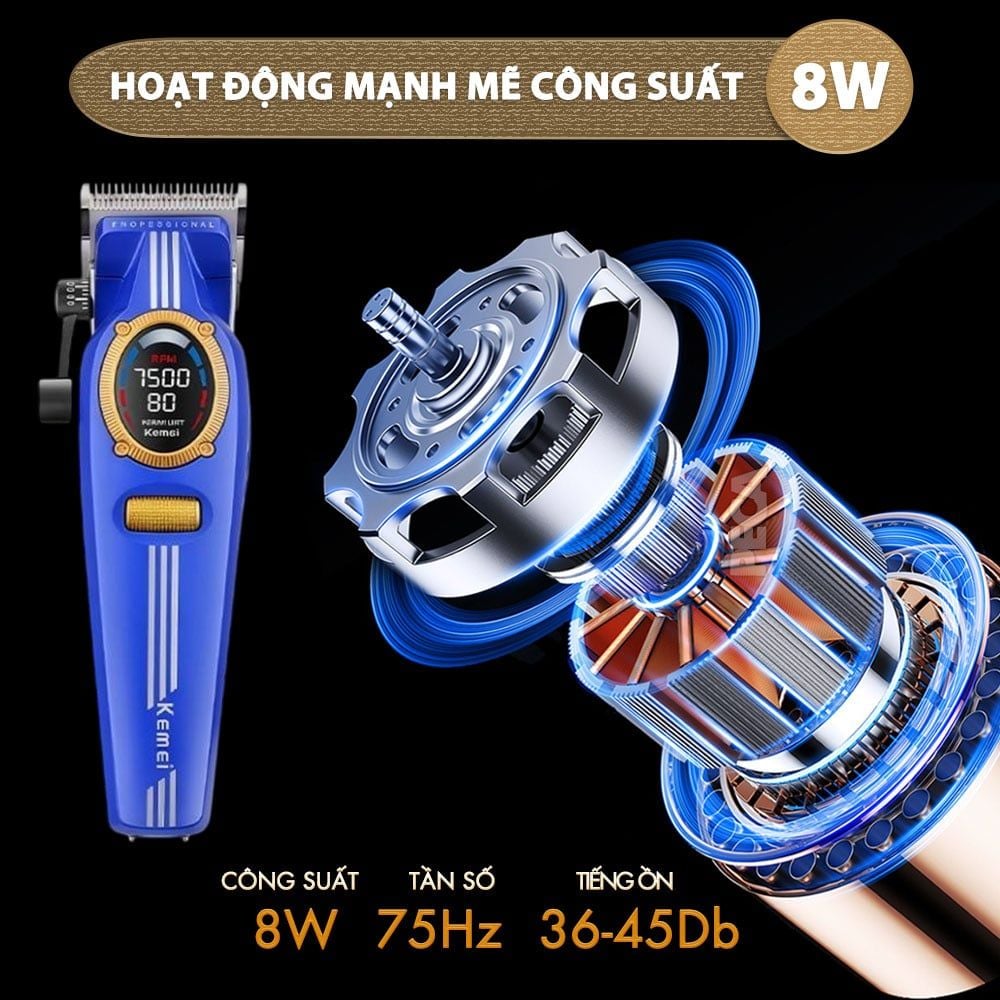Tông đơ cắt tóc chuyên nghiệp Kemei KM-1962 công suất mạnh 8W, lưỡi cắt mạ carbon DLC, 5 tốc độ, động cơ không chổi than - Chính hãng