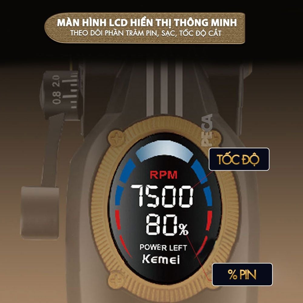 Tông đơ cắt tóc chuyên nghiệp Kemei KM-1962 công suất mạnh 8W, lưỡi cắt mạ carbon DLC, 5 tốc độ, động cơ không chổi than - Chính hãng
