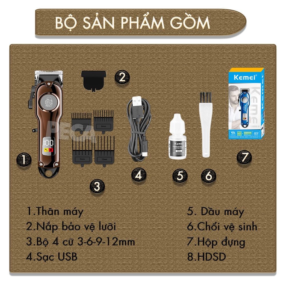Tông đơ cắt tóc chuyên nghiệp Kemei KM-234 công suất siêu mạnh màn hình LCD sạc nhanh USB type C tiện lợi - Chính hãng