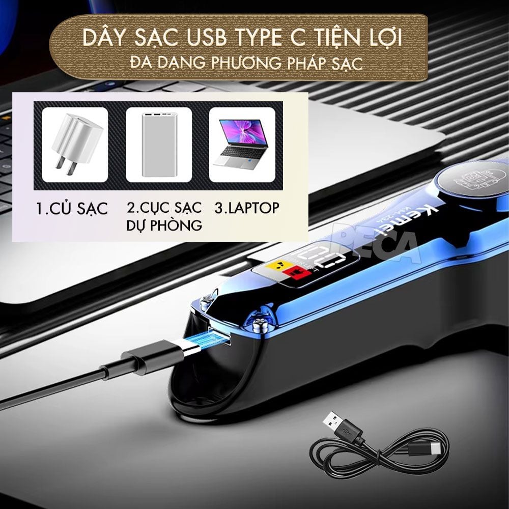 Tông đơ cắt tóc chuyên nghiệp Kemei KM-234 công suất siêu mạnh màn hình LCD sạc nhanh USB type C tiện lợi - Chính hãng