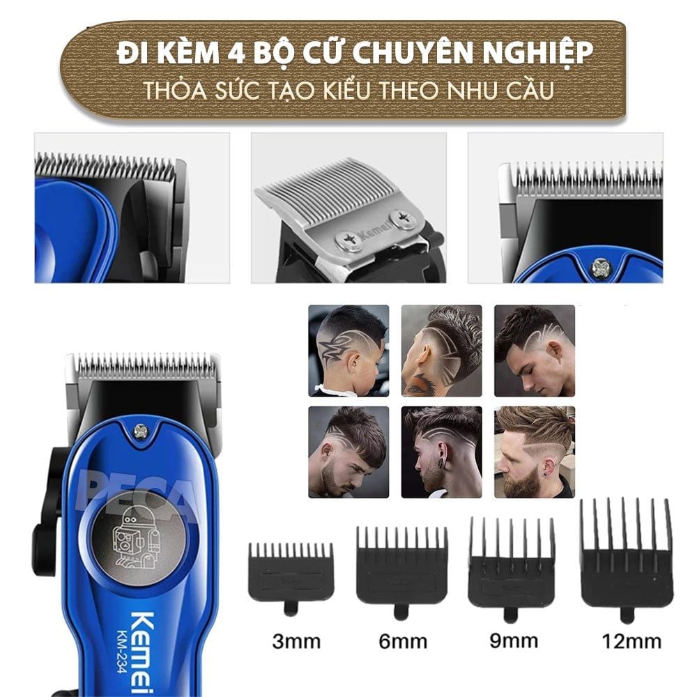 Tông đơ cắt tóc chuyên nghiệp Kemei KM-234 công suất siêu mạnh màn hình LCD sạc nhanh USB type C tiện lợi - Chính hãng