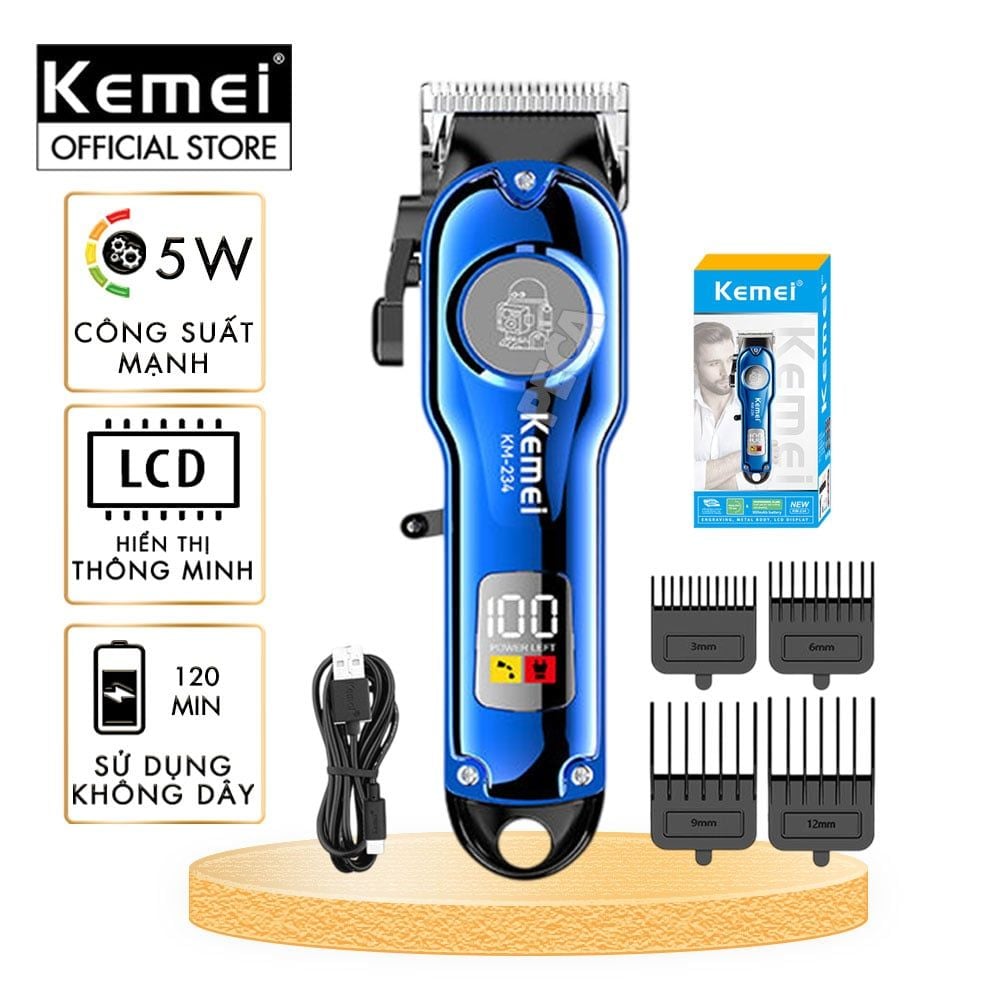 Tông đơ cắt tóc chuyên nghiệp Kemei KM-234 công suất siêu mạnh màn hình LCD sạc nhanh USB type C tiện lợi - Chính hãng
