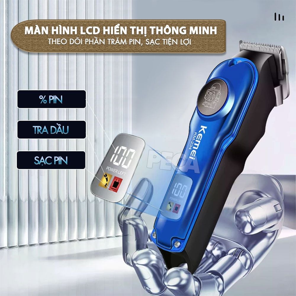 Tông đơ cắt tóc chuyên nghiệp Kemei KM-234 công suất siêu mạnh màn hình LCD sạc nhanh USB type C tiện lợi - Chính hãng