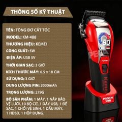 Tông đơ cắt tóc chuyên nghiệp Kemei KM-488 công suất mạnh 5W, lưỡi cắt mạ carbon DLC, pin lâu, động cơ không chổi than, màn hình màu TFT- Chính hãng