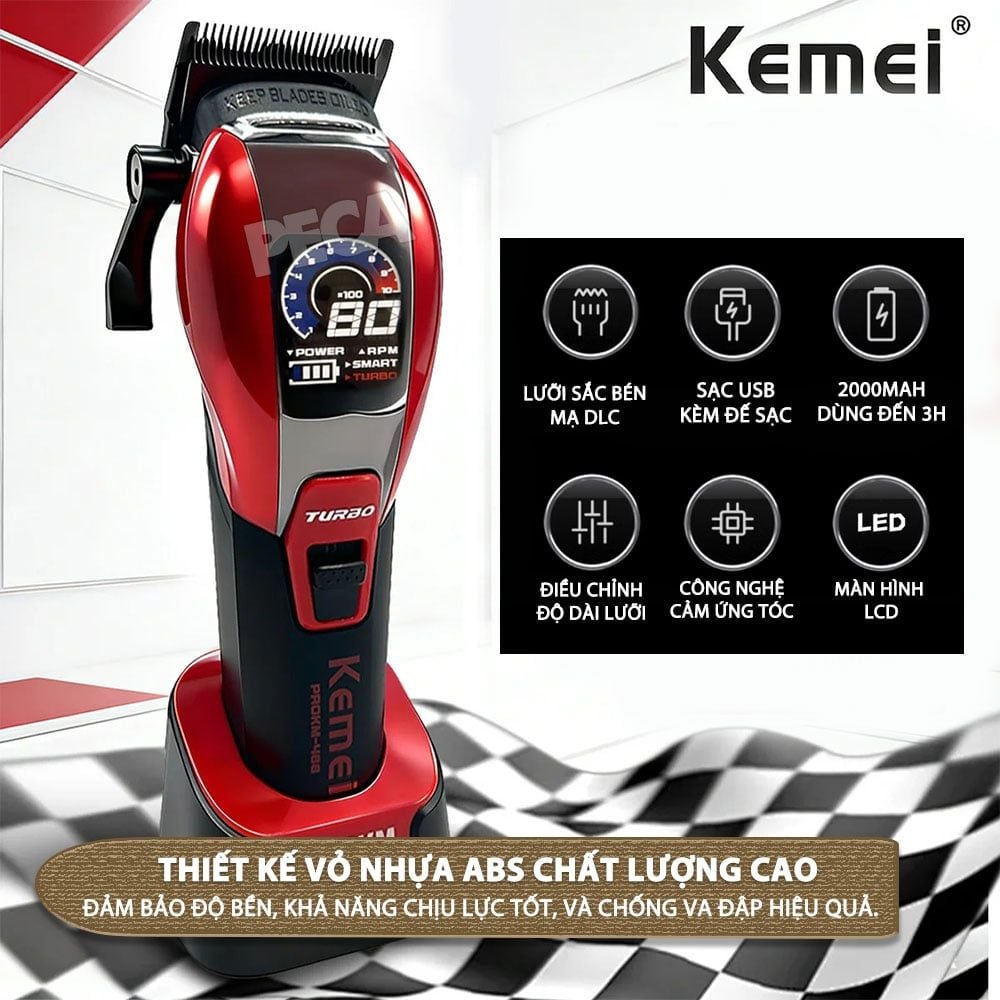 Tông đơ cắt tóc chuyên nghiệp Kemei KM-488 công suất mạnh 5W, lưỡi cắt mạ carbon DLC, pin lâu, động cơ không chổi than, màn hình màu TFT- Chính hãng