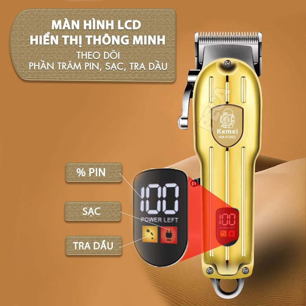 Tông đơ cắt tóc chuyên nghiệp Kemei KM-PG802 công suất siêu mạnh 5W màn hình LCD sạc nhanh USB tiện lợi - Chính hãng