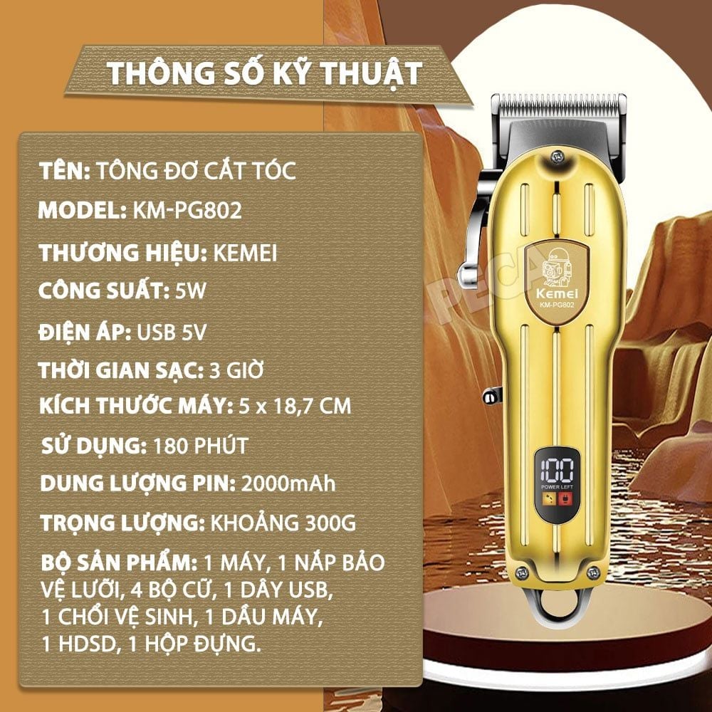 Tông đơ cắt tóc chuyên nghiệp Kemei KM-PG802 công suất siêu mạnh 5W màn hình LCD sạc nhanh USB tiện lợi - Chính hãng