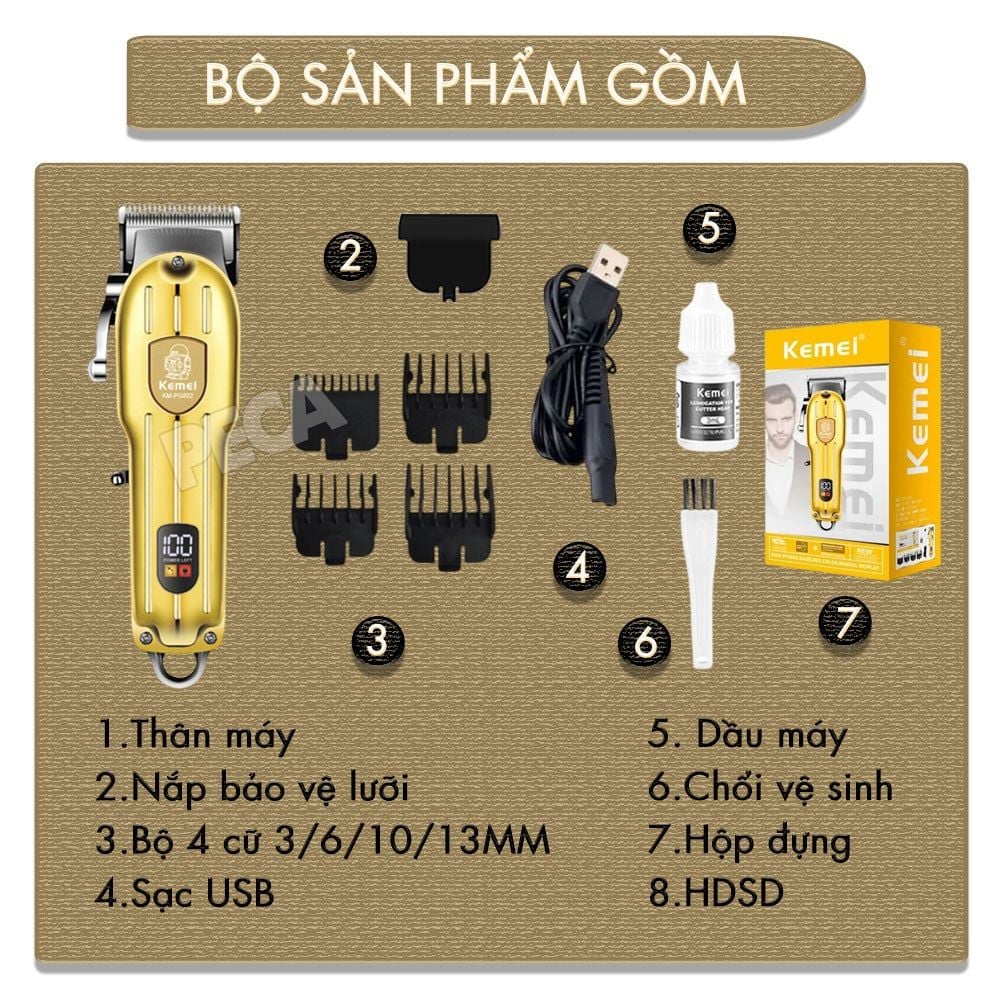 Tông đơ cắt tóc chuyên nghiệp Kemei KM-PG802 công suất siêu mạnh 5W màn hình LCD sạc nhanh USB tiện lợi - Chính hãng