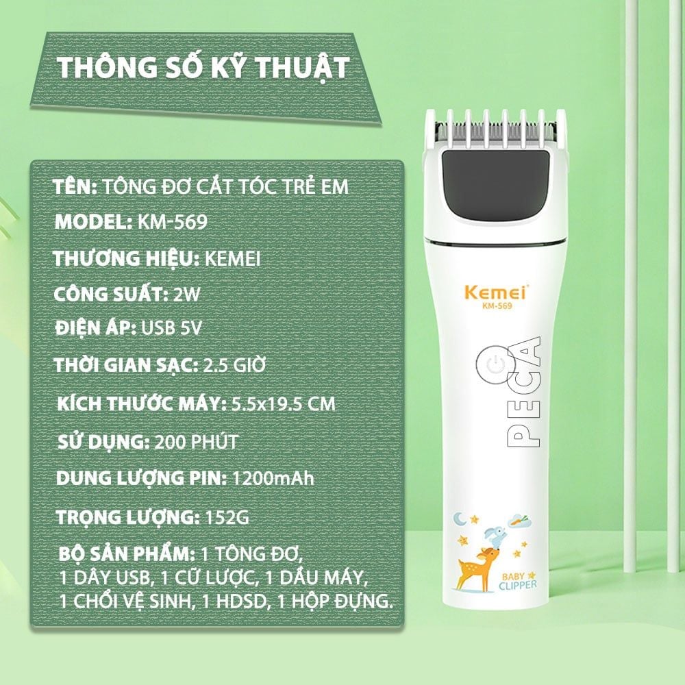 Tông đơ cắt tóc trẻ em Kemei KM-569 công suất mạnh 2W có thể dùng được cho trẻ sơ sinh - Bảo hành chính hãng 12 tháng
