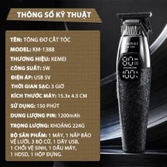 Tông đơ chấn viền Kemei KM-1388 lưỡi cắt mạ carbon DLC cao cấp công suất mạnh mẽ 5W sạc nhanh USB pin lâu - Chính hãng
