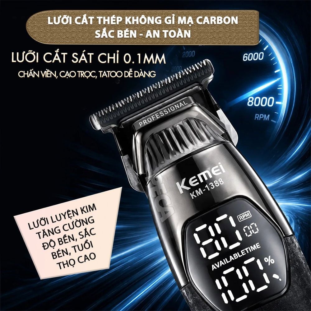 Tông đơ chấn viền Kemei KM-1388 lưỡi cắt mạ carbon DLC cao cấp công suất mạnh mẽ 5W sạc nhanh USB pin lâu - Chính hãng