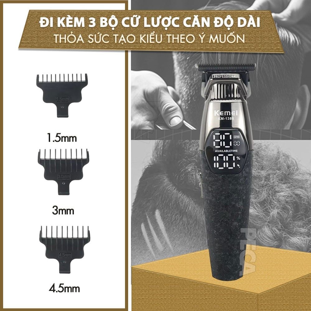 Tông đơ chấn viền Kemei KM-1388 lưỡi cắt mạ carbon DLC cao cấp công suất mạnh mẽ 5W sạc nhanh USB pin lâu - Chính hãng