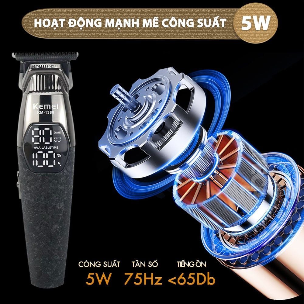 Tông đơ chấn viền Kemei KM-1388 lưỡi cắt mạ carbon DLC cao cấp công suất mạnh mẽ 5W sạc nhanh USB pin lâu - Chính hãng