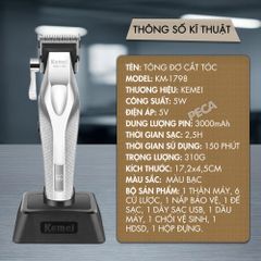 Tông đơ KEMEI KM-1798 Cao cấp Tốc độ max 9100 RPM, Lưỡi Ceramic chống nóng & Kèm đế sạc - Chính hãng