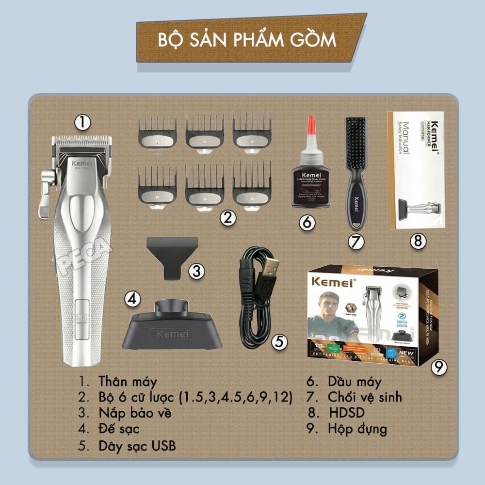 Tông đơ KEMEI KM-1798 Cao cấp Tốc độ max 9100 RPM, Lưỡi Ceramic chống nóng & Kèm đế sạc - Chính hãng