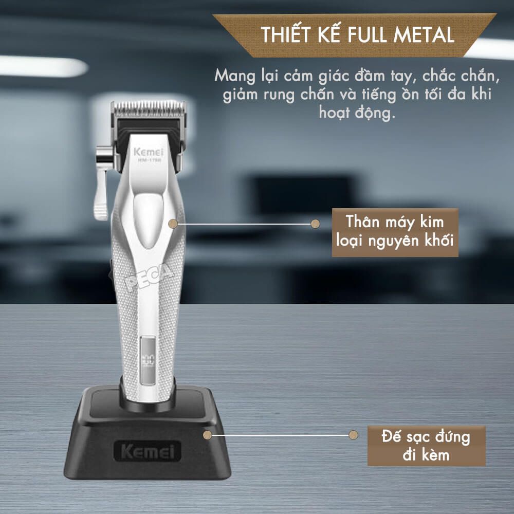 Tông đơ KEMEI KM-1798 Cao cấp Tốc độ max 9100 RPM, Lưỡi Ceramic chống nóng & Kèm đế sạc - Chính hãng