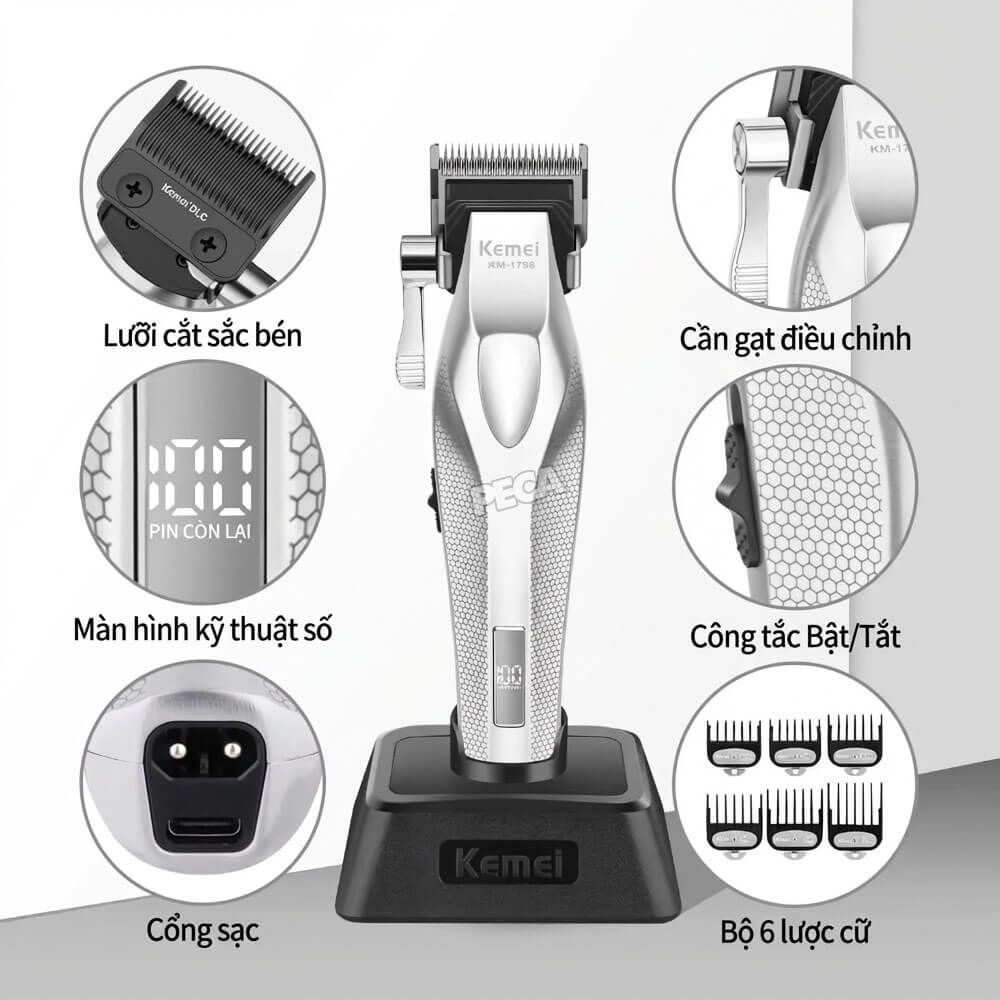 Tông đơ KEMEI KM-1798 Cao cấp Tốc độ max 9100 RPM, Lưỡi Ceramic chống nóng & Kèm đế sạc - Chính hãng