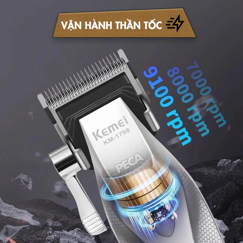 Tông đơ KEMEI KM-1798 Cao cấp Tốc độ max 9100 RPM, Lưỡi Ceramic chống nóng & Kèm đế sạc - Chính hãng