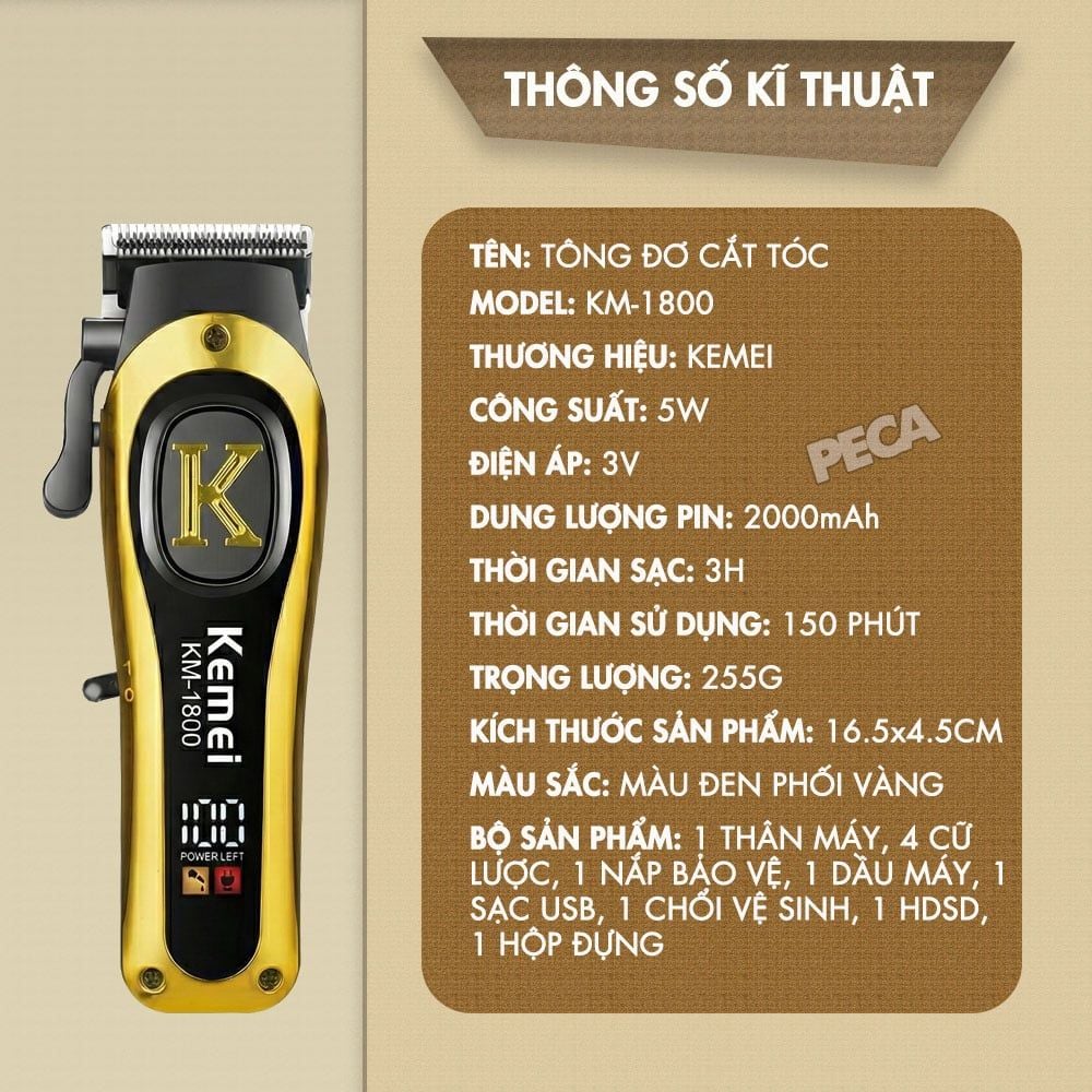 Tông đơ cắt tóc KEMEI KM-1800 chuyên fade - Pin trâu 2000mAh, Cần gạt chỉnh lưỡi linh hoạt & Sắc bén - Chính hãng