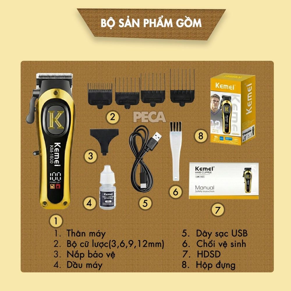 Tông đơ cắt tóc KEMEI KM-1800 chuyên fade - Pin trâu 2000mAh, Cần gạt chỉnh lưỡi linh hoạt & Sắc bén - Chính hãng