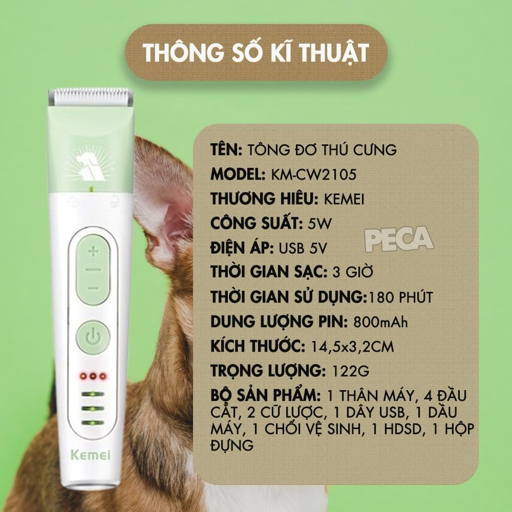Máy cạo lông chó mèo KEMEI KM-CW2105 đa năng - Tích hợp đầu tỉa nhỏ & Đầu mài móng tiện lợi - Chính hãng