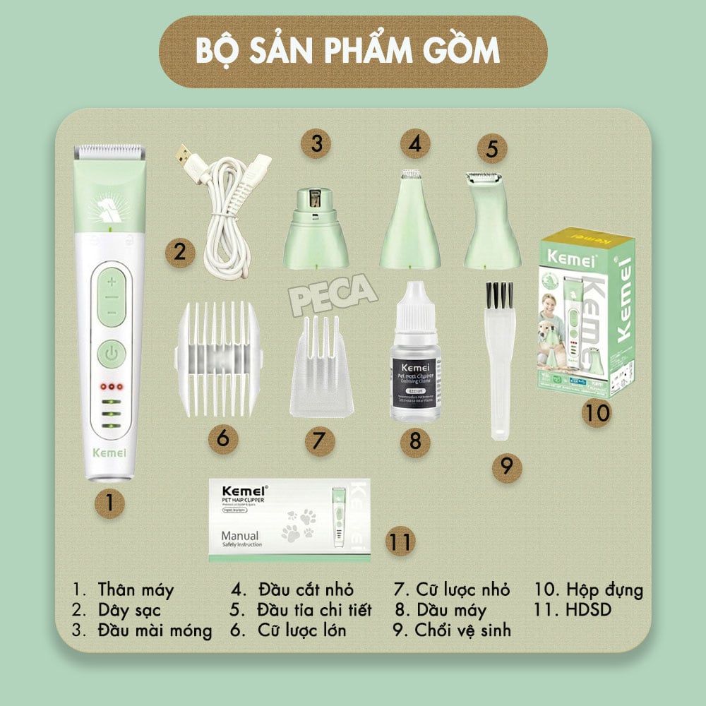 Máy cạo lông chó mèo KEMEI KM-CW2105 đa năng - Tích hợp đầu tỉa nhỏ & Đầu mài móng tiện lợi - Chính hãng