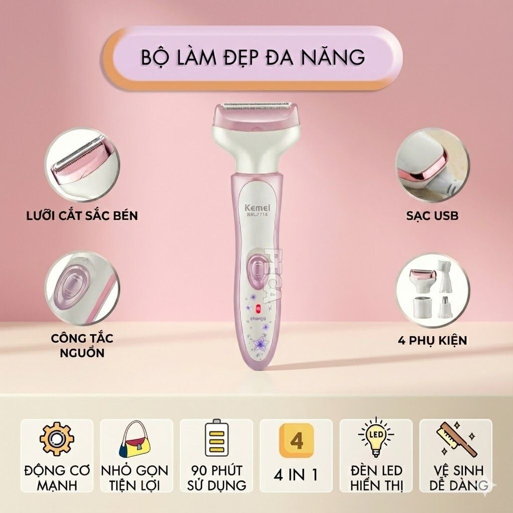 Máy cạo lông đa năng 4 trong 1 Kemei KM-7114 tỉa lông mày, mũi, nách, bikini, toàn thân êm ái sạc USB - Chính hãng